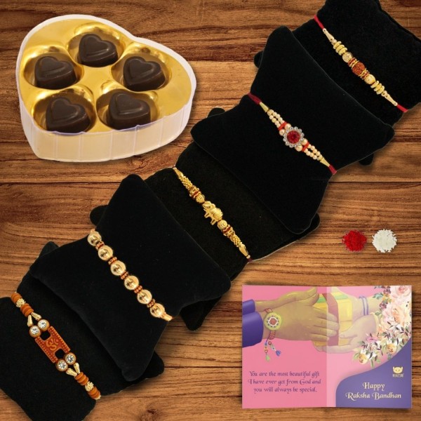 BOGATCHI 5 Heart Chocolate 5 Rakhi  Roli Chawal and Greeting Card A | Rakhi with Chocolates |  Rakhi Chocolates Gifts